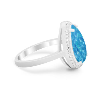Halo Teardrop Wedding Ring Pear Round Lab Created Blue Opal 925 Sterling Silver